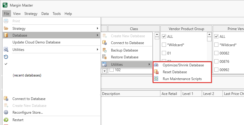 File > Database > Utilities submenu with Optimize/Shrink Database, Reset Database and Run Maintenance Scripts