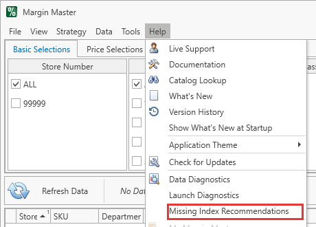 Help menu with Missing Index Recommendations highlighted