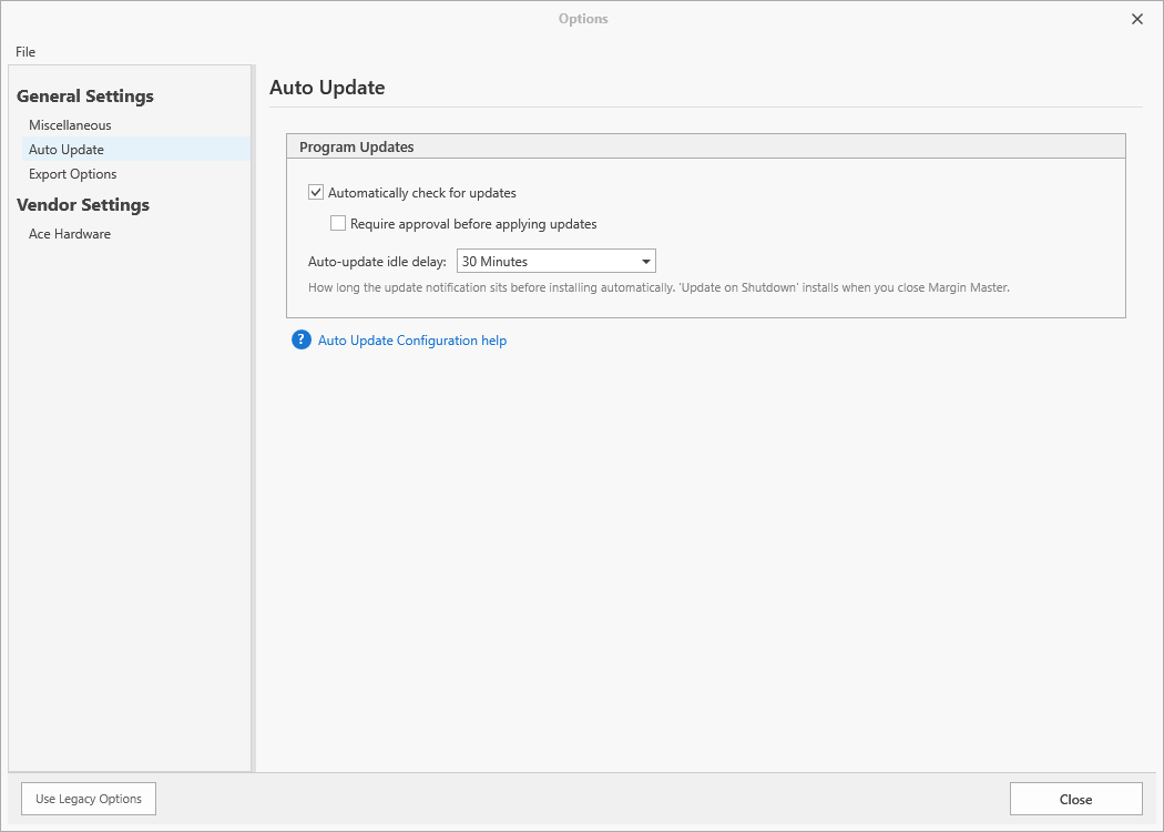 Tools > Options > Auto Update