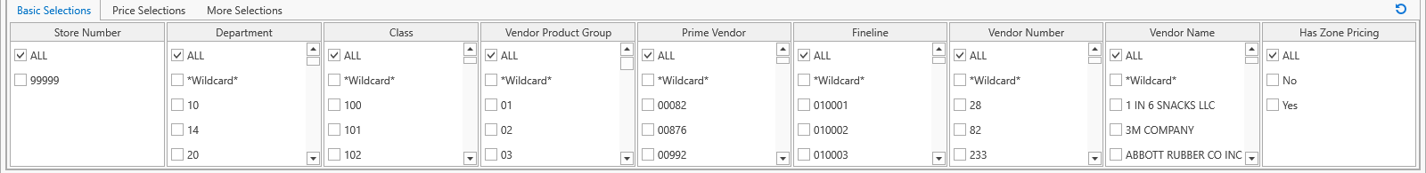 Selection panel with the Basic Selections tab