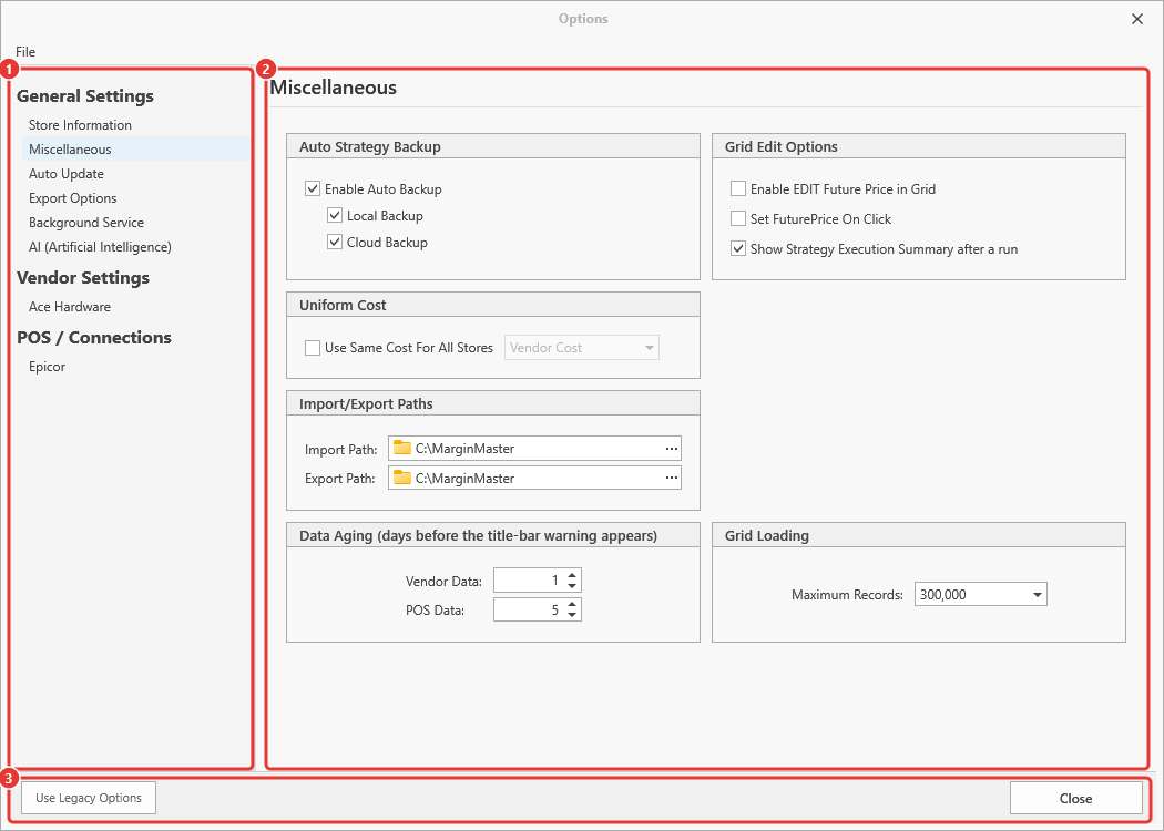The Options window with the navigation on the left