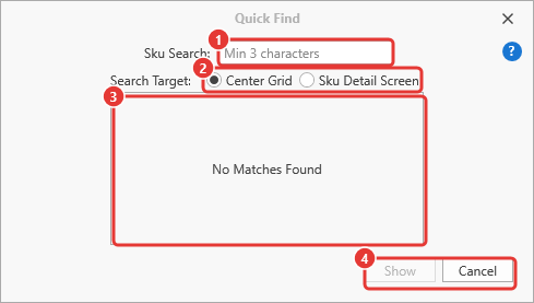 Quick Find dialog with its parts numbered