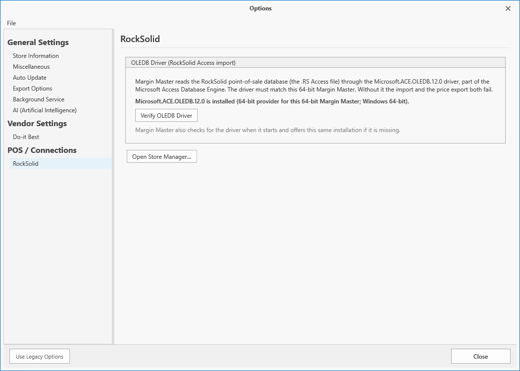 RockSolid tab with the OLEDB driver status and button