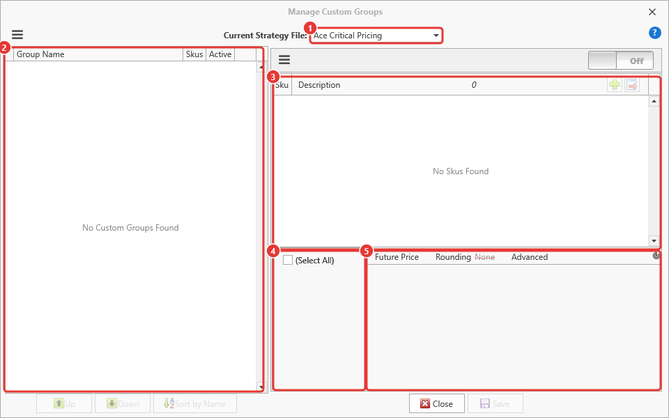 Manage Custom Groups window with its parts numbered