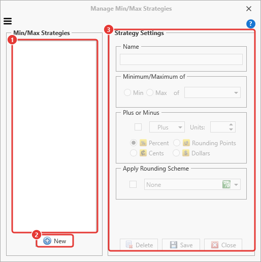 Manage Min/Max Strategies window