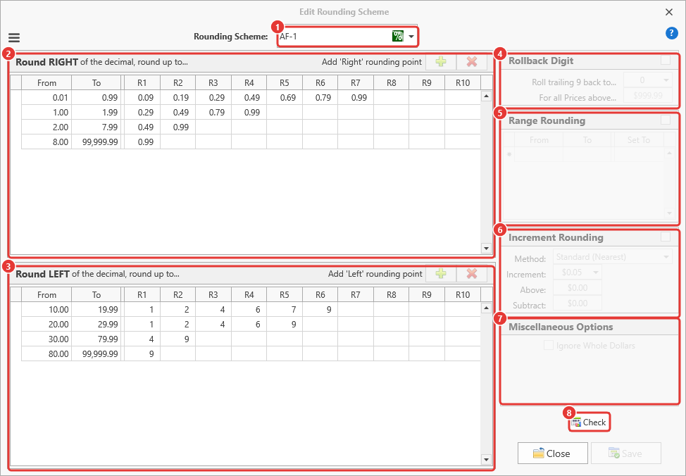 Edit Rounding Scheme window with its parts numbered