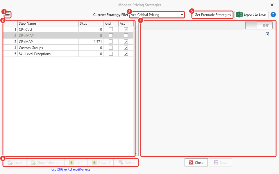 Manage Pricing Strategies window with its parts numbered