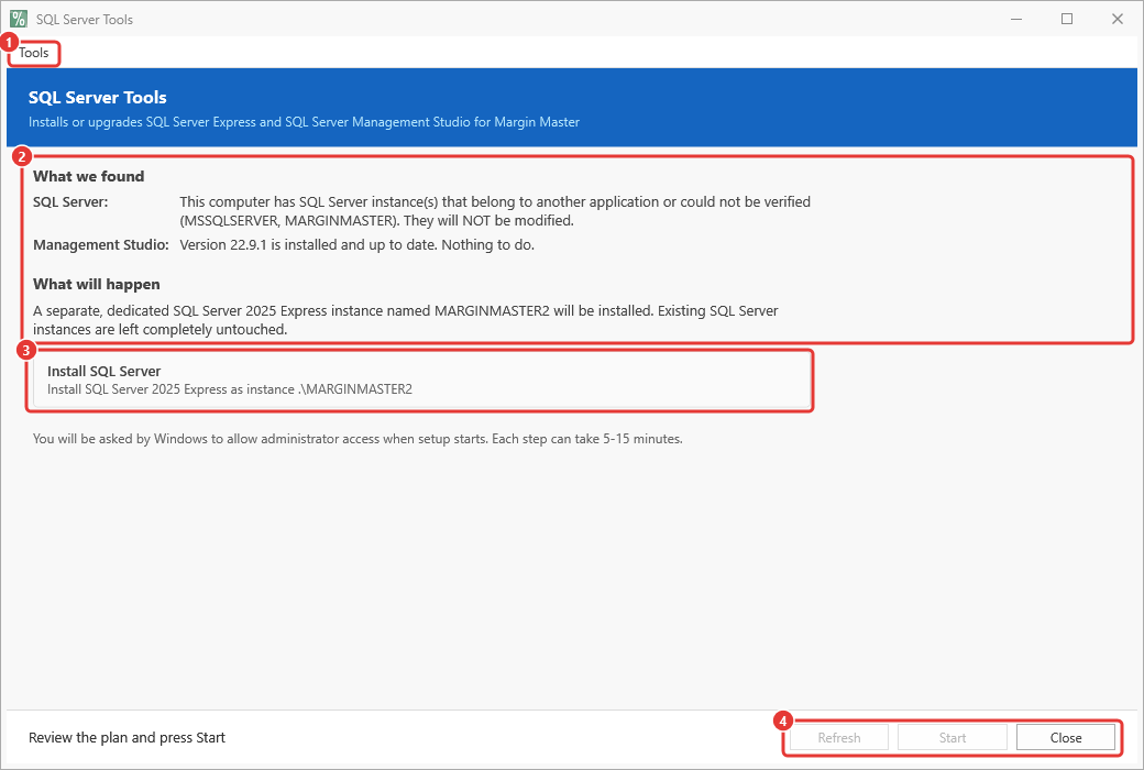 SQL Server Tools window after a successful check