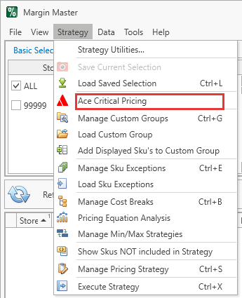 Strategy menu with Ace Critical Pricing highlighted